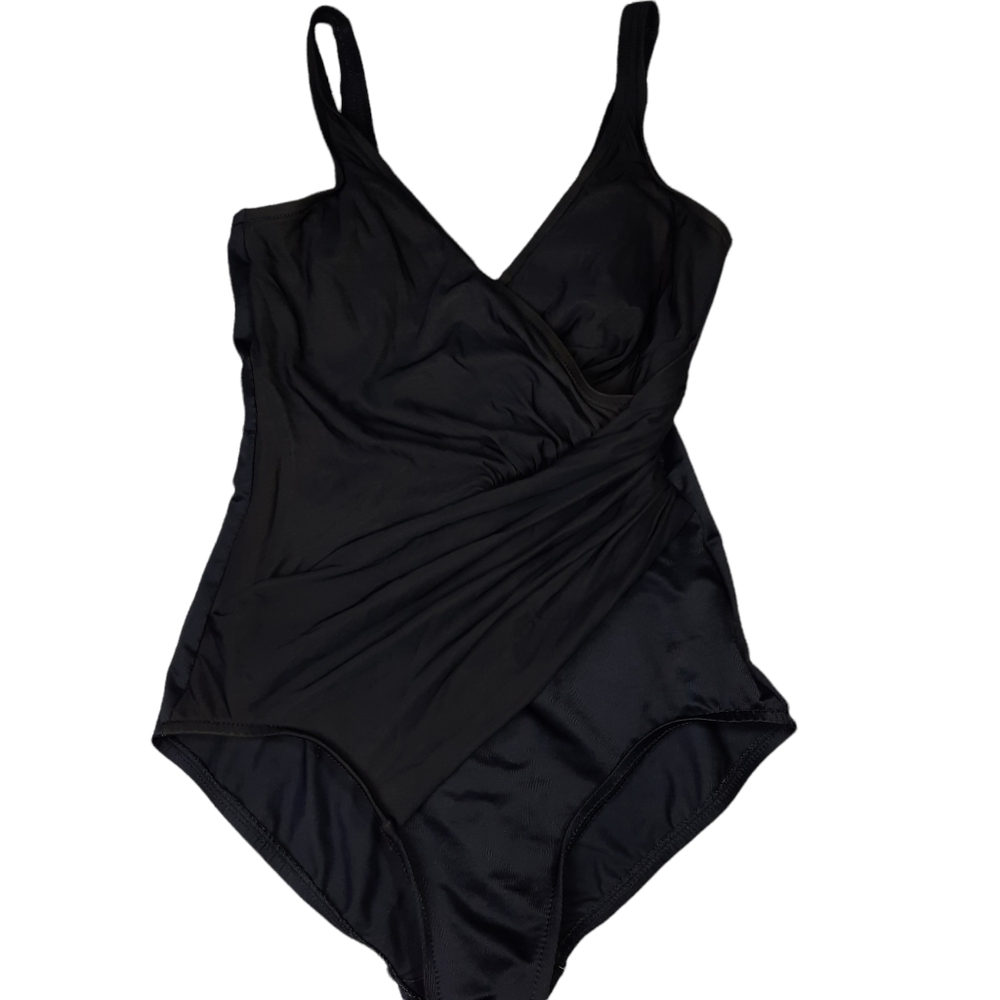 Miraclesuit Black Oceanus Wrap Ruched Slimming Swimsuit SZ 10